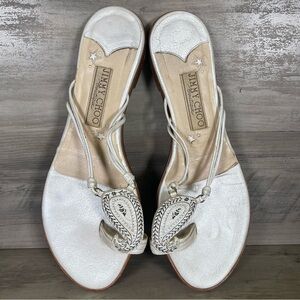 Jimmy Choo Womens EU37.5 US 7.5 Ivory Leather Paisley Thong Flats Boho Sandals